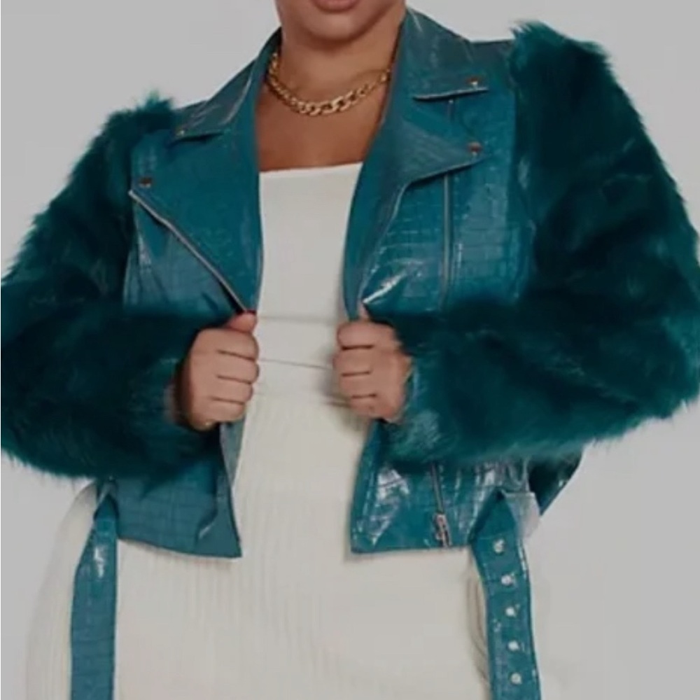 Croc Faux Leather Moto Jacket With Fur Sleeves